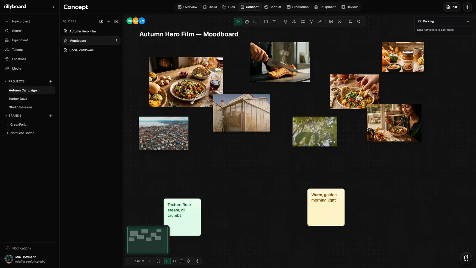 TillyBoard moodboard Autumn Hero Film: food stills, a knife cutting roasted squash, a greenhouse, an aerial view of a town and two sticky notes reading Texture first and Warm, golden morning light, with the canvas toolbar and a parking area.