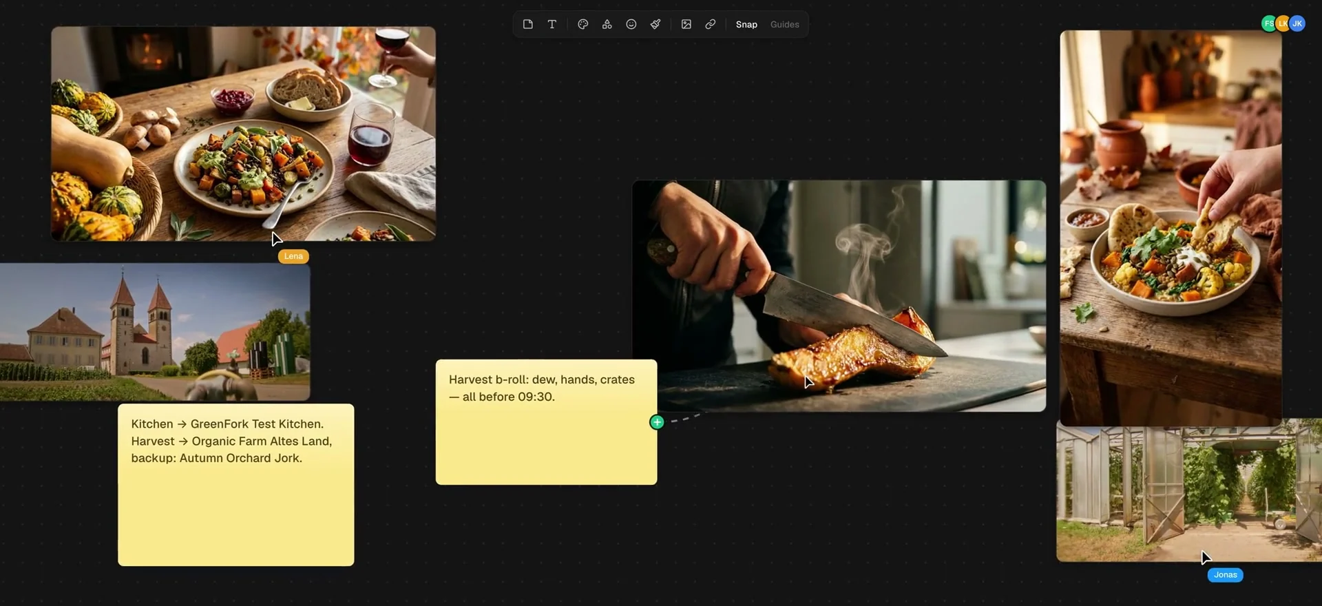 Moodboard für eine Herbst-Food-Kampagne: angerichtete Teller, ein Messer im gerösteten Kürbis, ein Hof, ein Gewächshaus und zwei Notizzettel mit Locations und B-Roll-Plänen.
