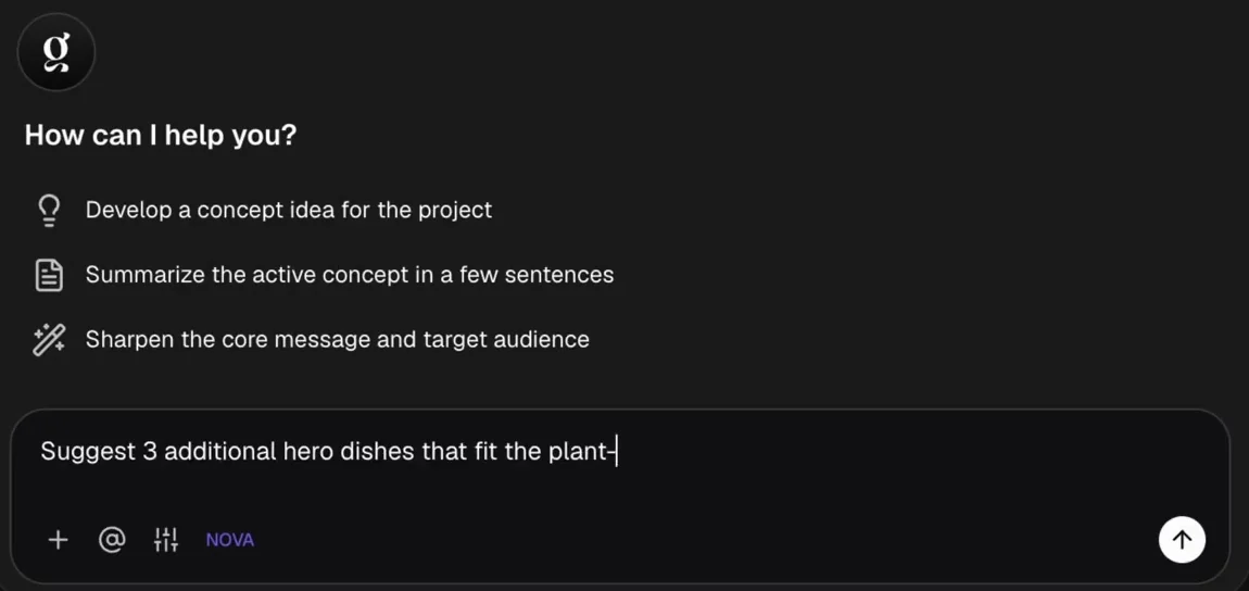Tilly AI asks How can I help you? and offers to develop a concept idea for the project, summarize the active concept or sharpen the core message and target audience.