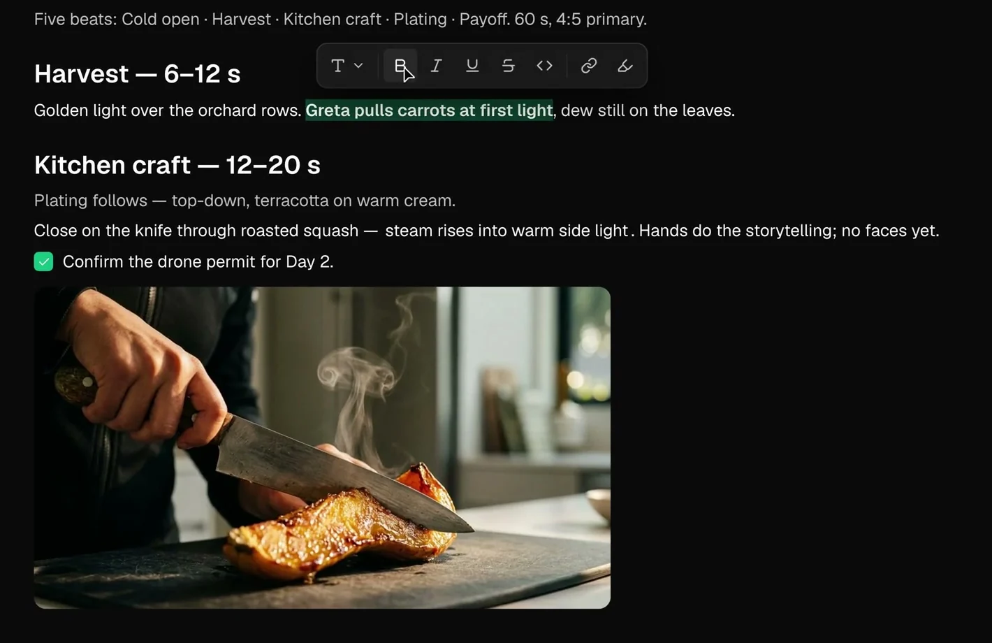 Treatment für einen Herbst-Hero-Film: fünf Beats in 60 Sekunden, die Beats Harvest und Kitchen craft mit Zeitangaben, ein abgehaktes To-do für die Drohnengenehmigung und ein Referenzbild.