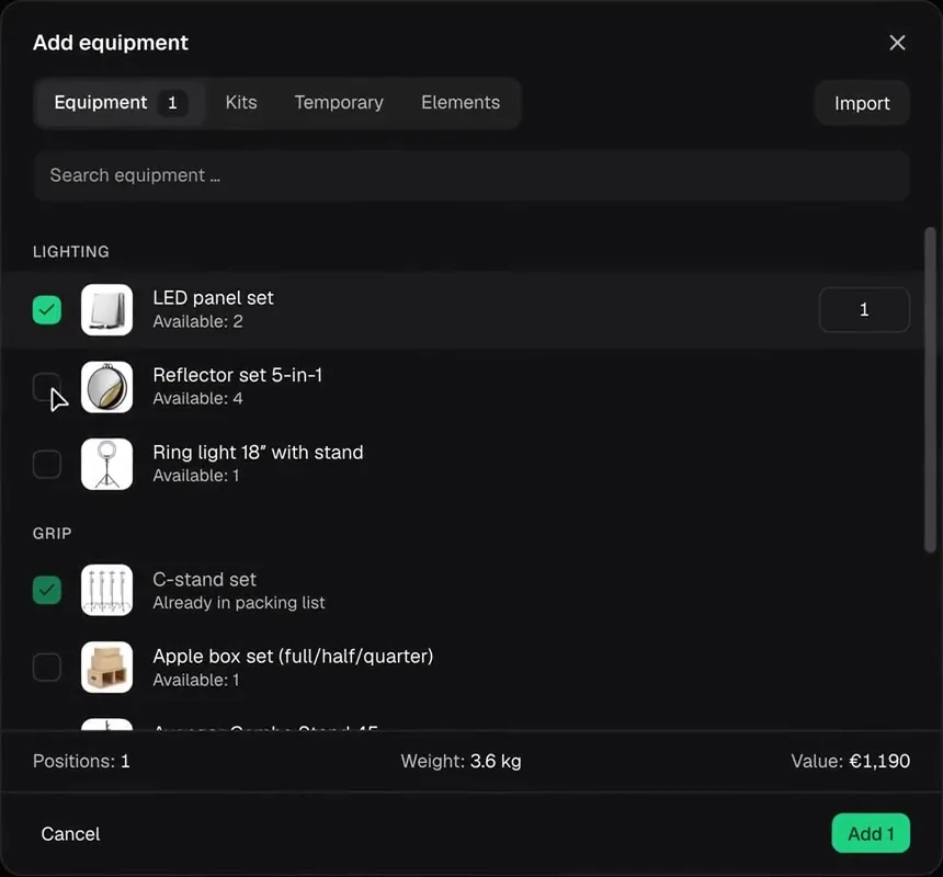 Add equipment dialog with the tabs Equipment, Kits, Temporary and Elements. LED panel set is ticked with quantity 1, C-stand set is already in the packing list. Footer: 1 position, 3.6 kg, value 1,190 euros.