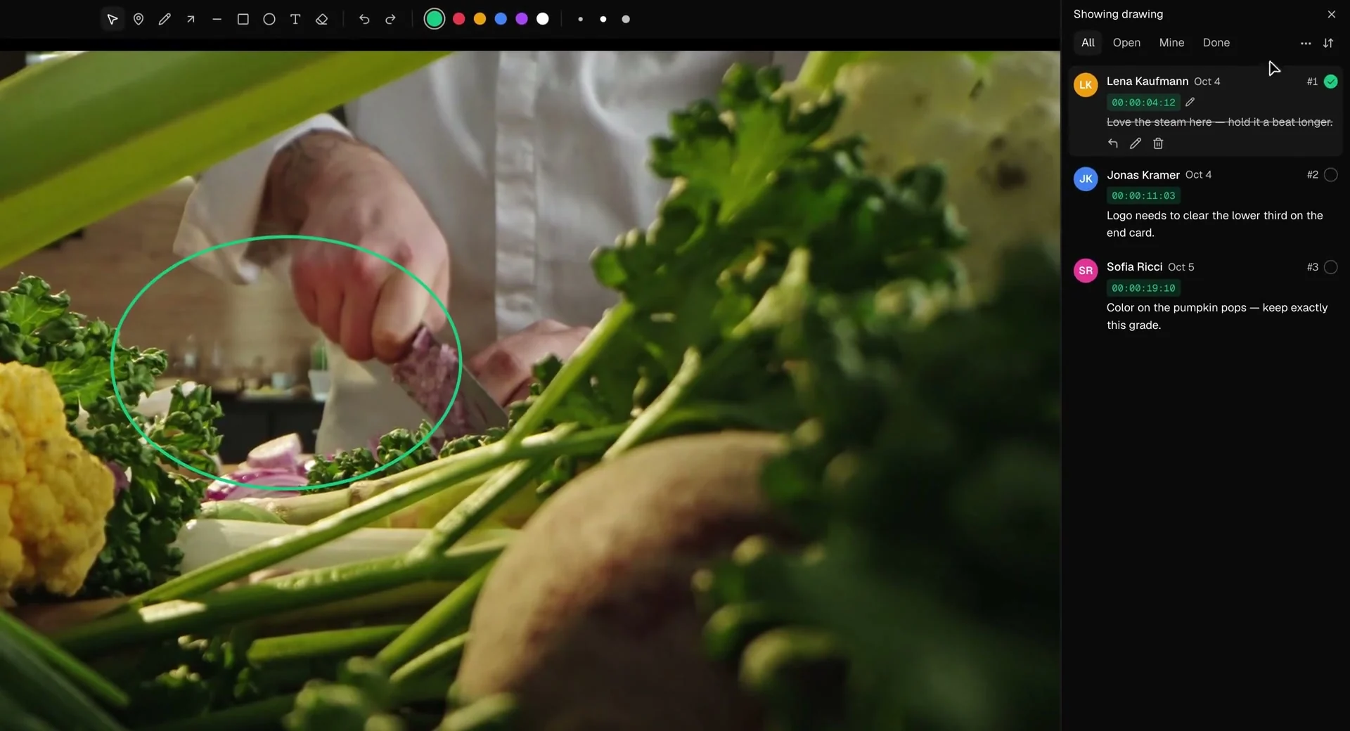 TillyBoard review player on version 4 of a kitchen spot: drawing toolbar above the frame, a green circle around the chef's knife, and three timecoded notes from Lena, Jonas and Sofia in the comment panel.