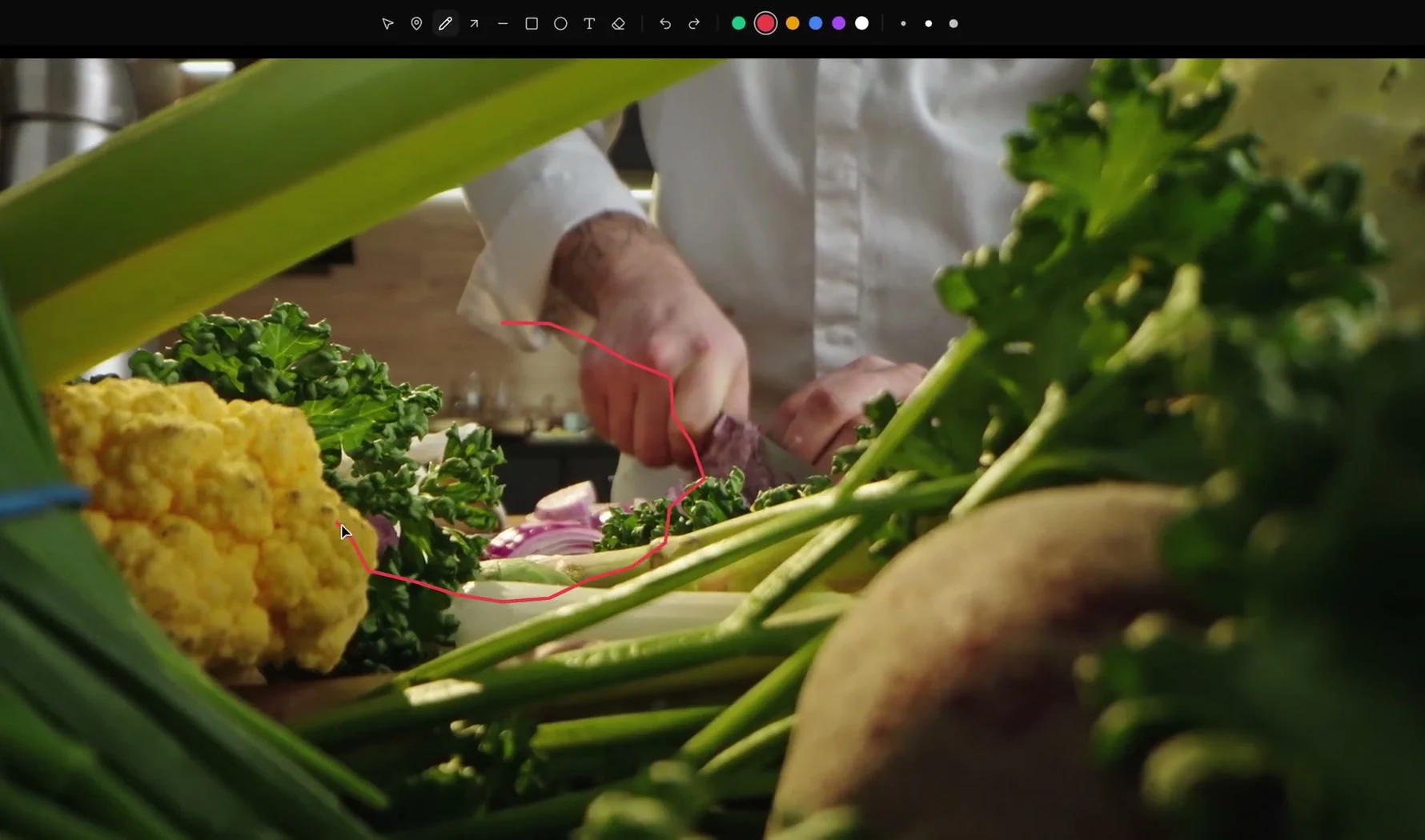 A red freehand line drawn around the chef's hands and the cauliflower, with the pen tool and red selected in the toolbar above.