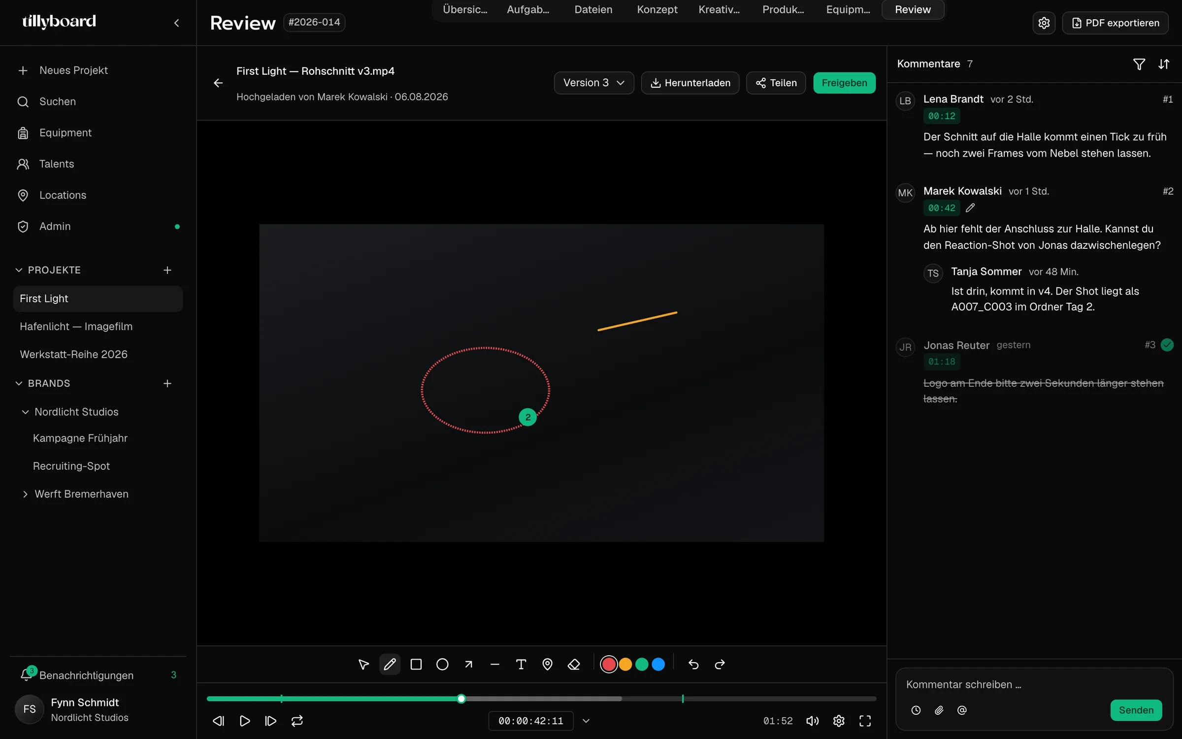 Review player for First Light rough cut v3 with the version menu, Download, Share and Approve, drawing tools under the frame, a timeline and seven comments.