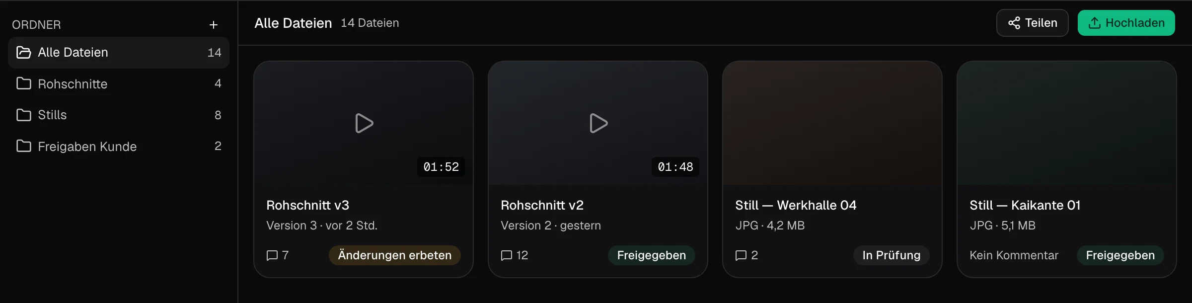 Review overview of the project First Light: folders Rohschnitte, Stills and Freigaben Kunde, and four files. Rough cut v3 has changes requested, rough cut v2 is approved, one still is in review and one is approved.