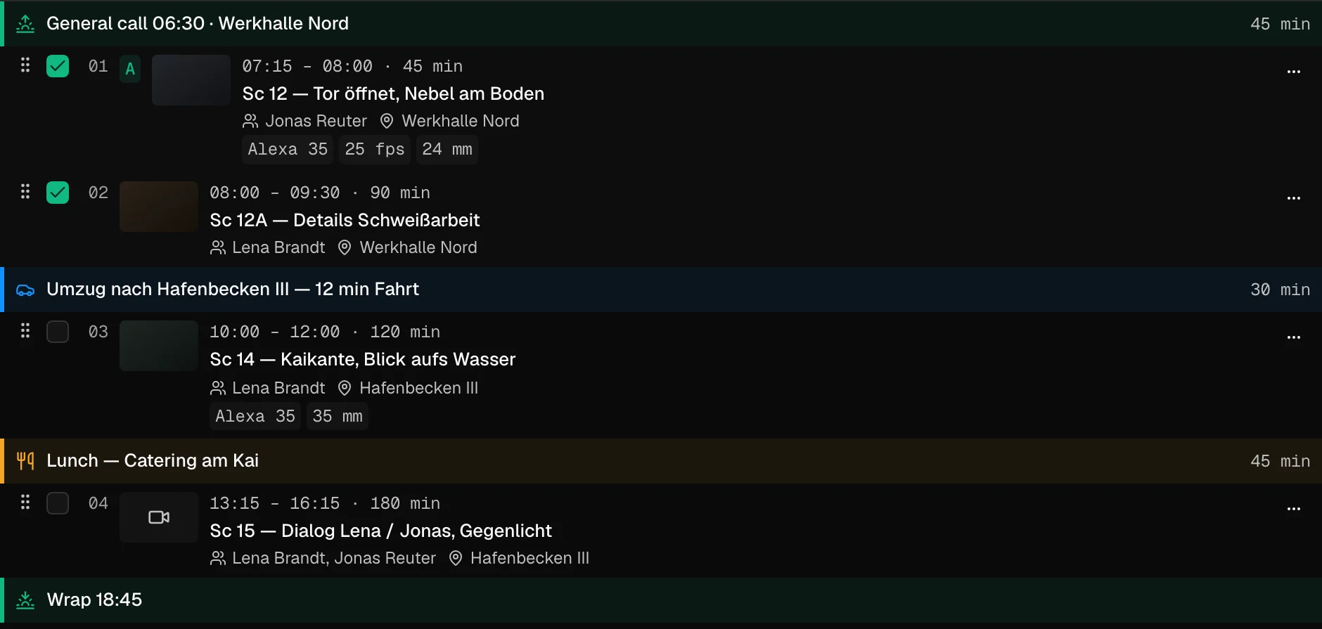 Drehtag 2 mit General Call 06:30 in der Werkhalle Nord: zwei Szenen, ein Motivwechsel mit Fahrzeit und eine Mittagspause als Blöcke im Tag.