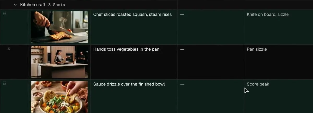 Three shots of the segment Kitchen craft with generated preview frames.