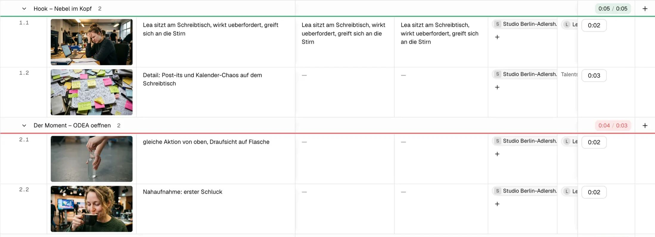 Two segments of a shot list: Hook at 0:05 of 0:05 in green, Der Moment at 0:04 of 0:03 in red.