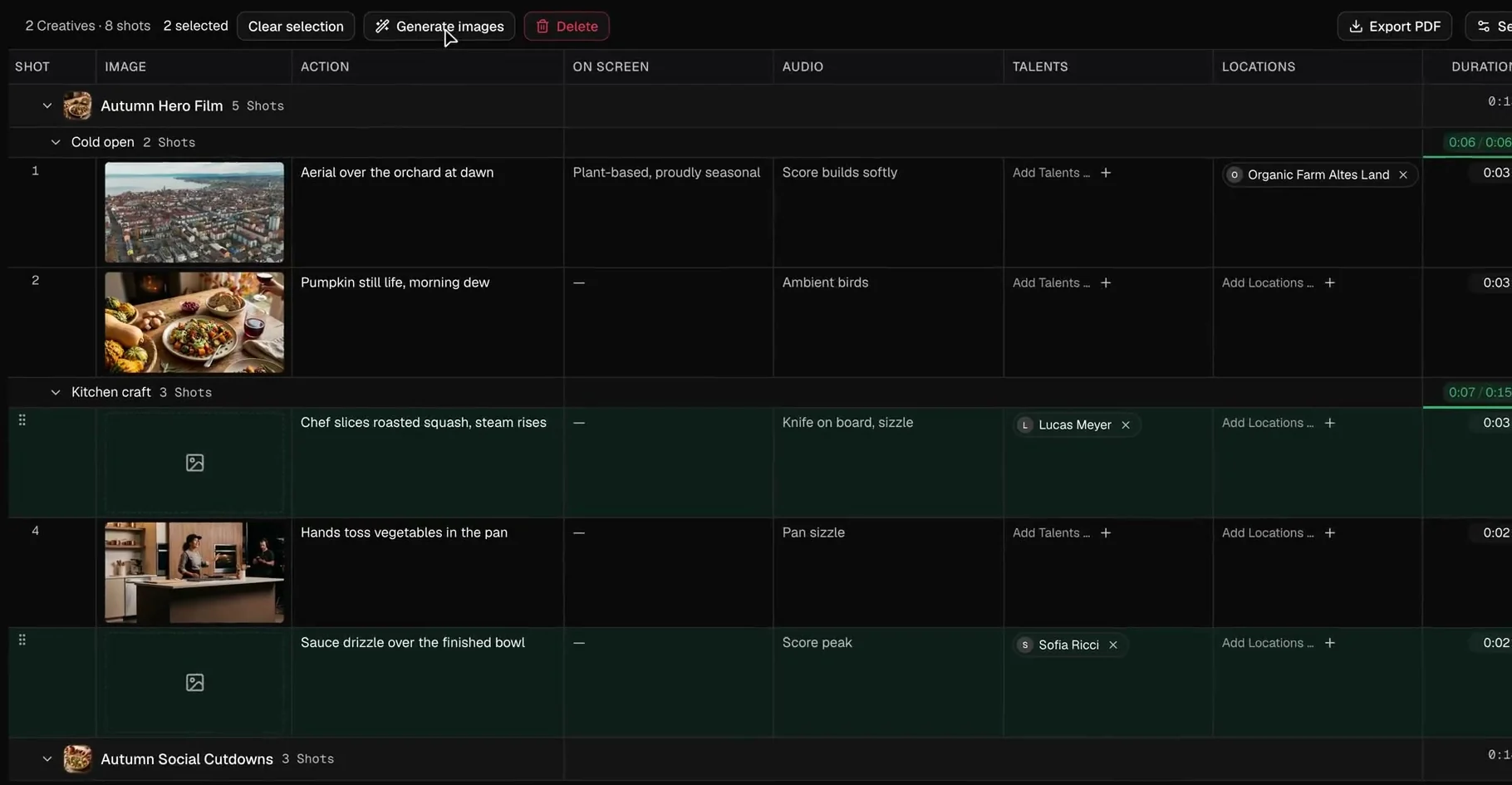 Shot list Autumn Hero Film with the segments Cold open and Kitchen craft: preview frames, action, audio, talents and locations. Below it the creative Autumn Social Cutdowns.