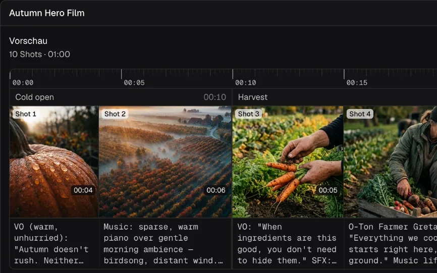 Storyboard of the Autumn Hero Film on a timeline: ten preview frames across the segments Cold open, Harvest, Kitchen craft, Plating and Payoff, each with its duration and voice-over text.
