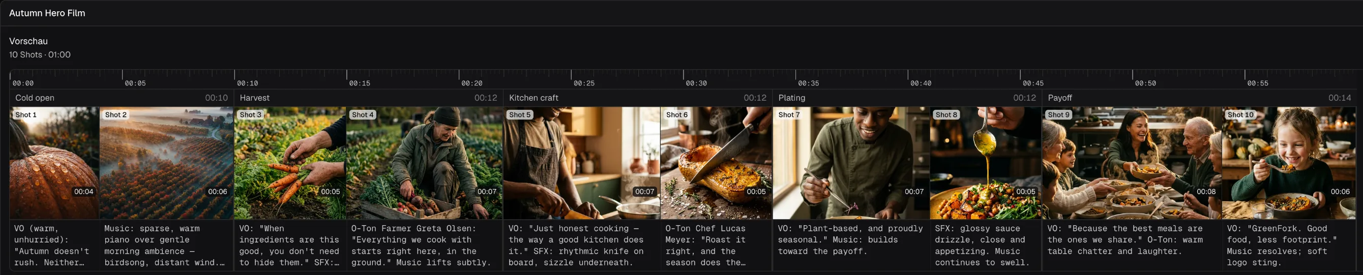 Storyboard of the Autumn Hero Film on a timeline: ten preview frames across the segments Cold open, Harvest, Kitchen craft, Plating and Payoff, each with its duration and voice-over text.