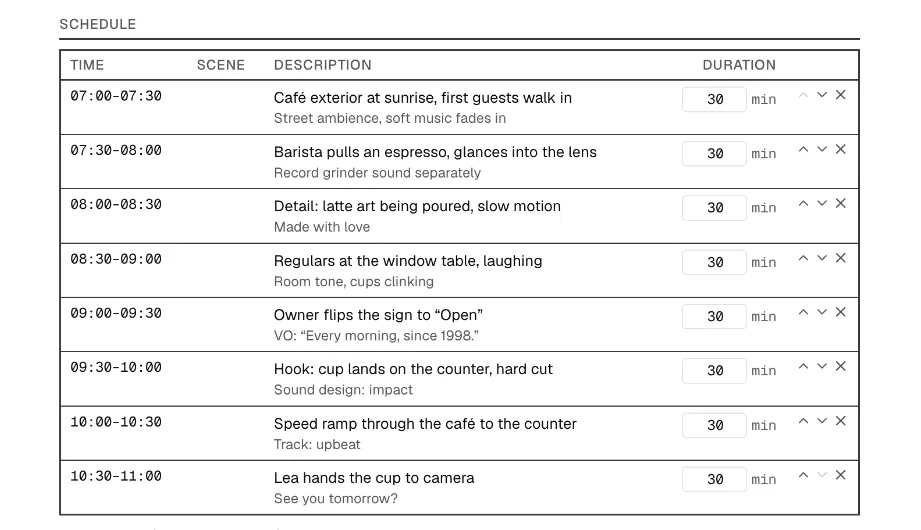 Running order with eight shots, each 30 minutes, from 07:00 to 11:00.