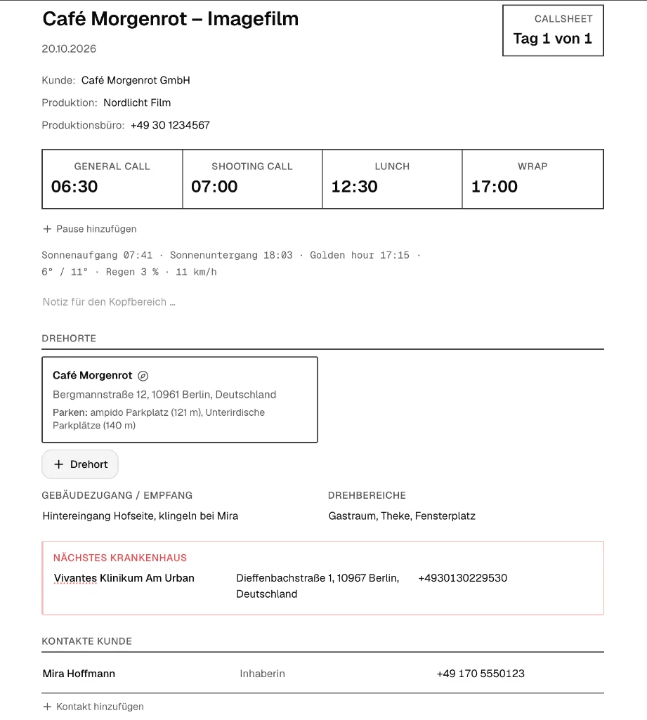 Kostenloses TillyBoard-Callsheet für einen Café-Imagefilm, Tag 1 von 1: General Call 06:30, Shooting Call 07:00, Lunch 12:30, Wrap 17:00, Sonnenzeiten und Wetter, der Drehort mit Adresse und Parken, Gebäudezugang, das nächste Krankenhaus und der Kundenkontakt.