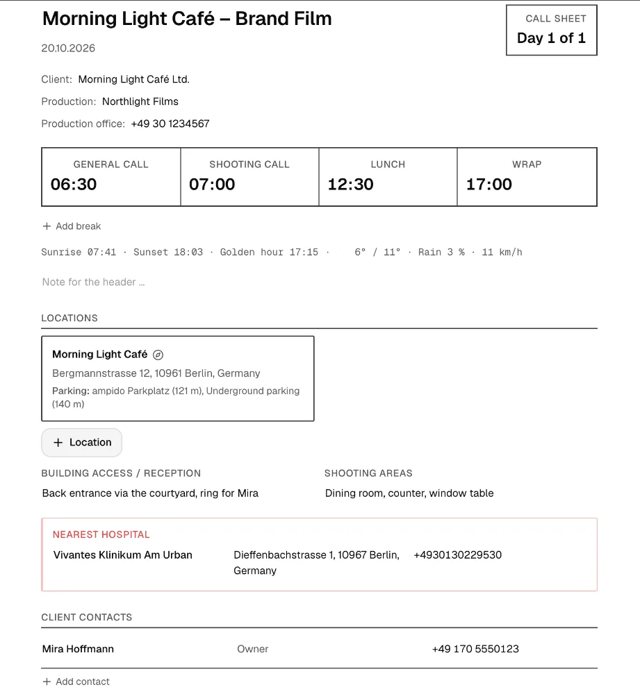 Free TillyBoard call sheet for a café brand film, day 1 of 1: general call 06:30, shooting call 07:00, lunch 12:30, wrap 17:00, sun times and weather, the location with address and parking, building access, the nearest hospital and the client contact.