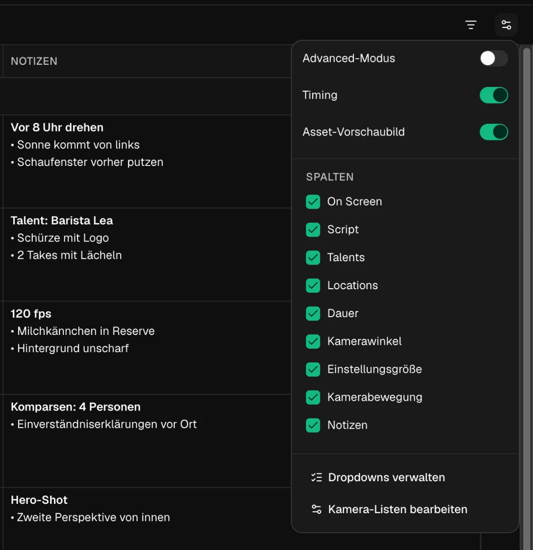 Ansichtsmenü der Shotlist: Schalter für Advanced-Modus, Timing und Asset-Vorschaubild, neun Spalten mit Häkchen, Dropdowns verwalten und Kamera-Listen bearbeiten.