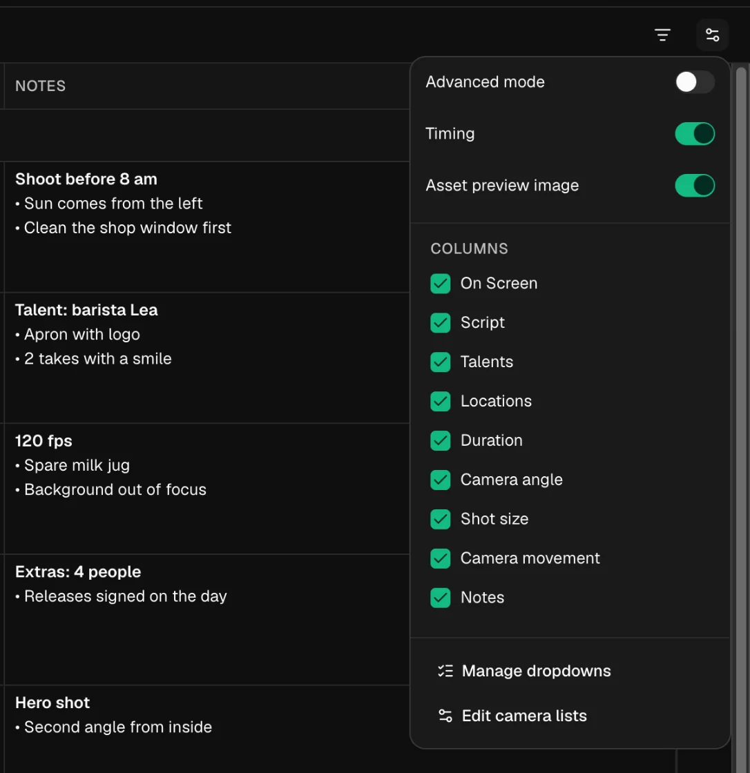 View menu of the shot list: toggles for advanced mode, timing and asset preview image, nine columns with checkboxes, Manage dropdowns and Edit camera lists.