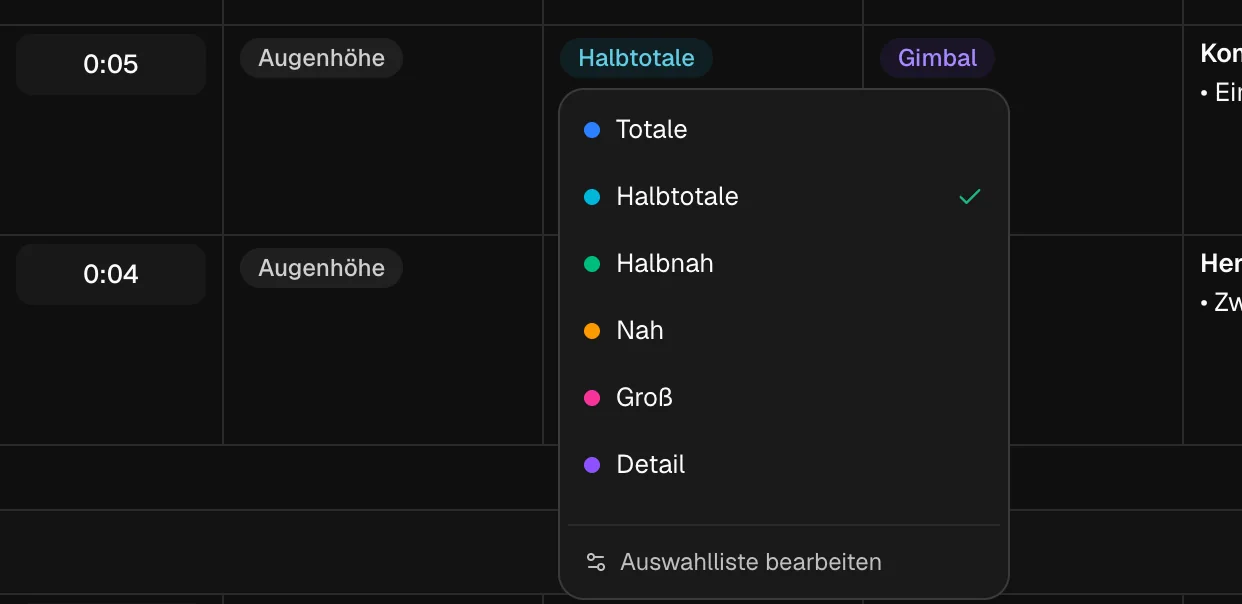 Dropdown für die Einstellungsgröße mit sechs farbigen Optionen und dem Eintrag Auswahlliste bearbeiten.