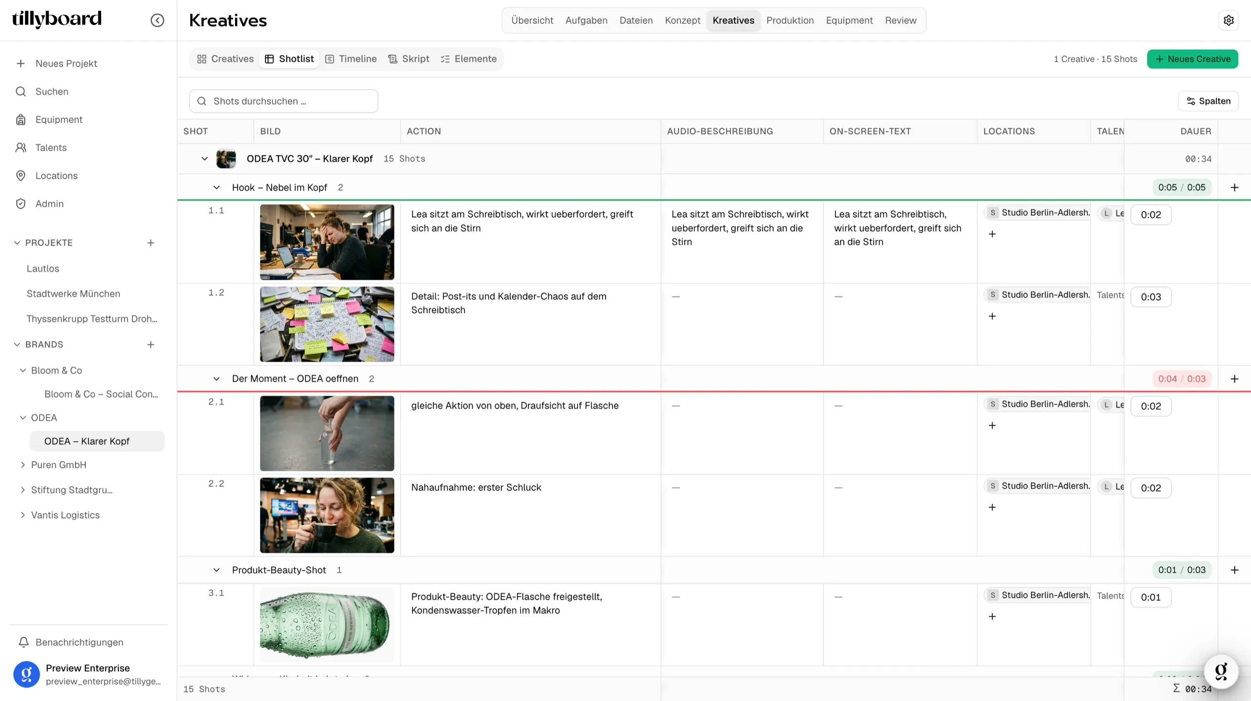 TillyBoard-Shotlist für den TV-Spot ODEA Klarer Kopf: Segmente mit Vorschaubildern, Action, Audio, On-Screen-Text, Locations und Dauer. Ein Segment liegt eine Sekunde über der Vorgabe.